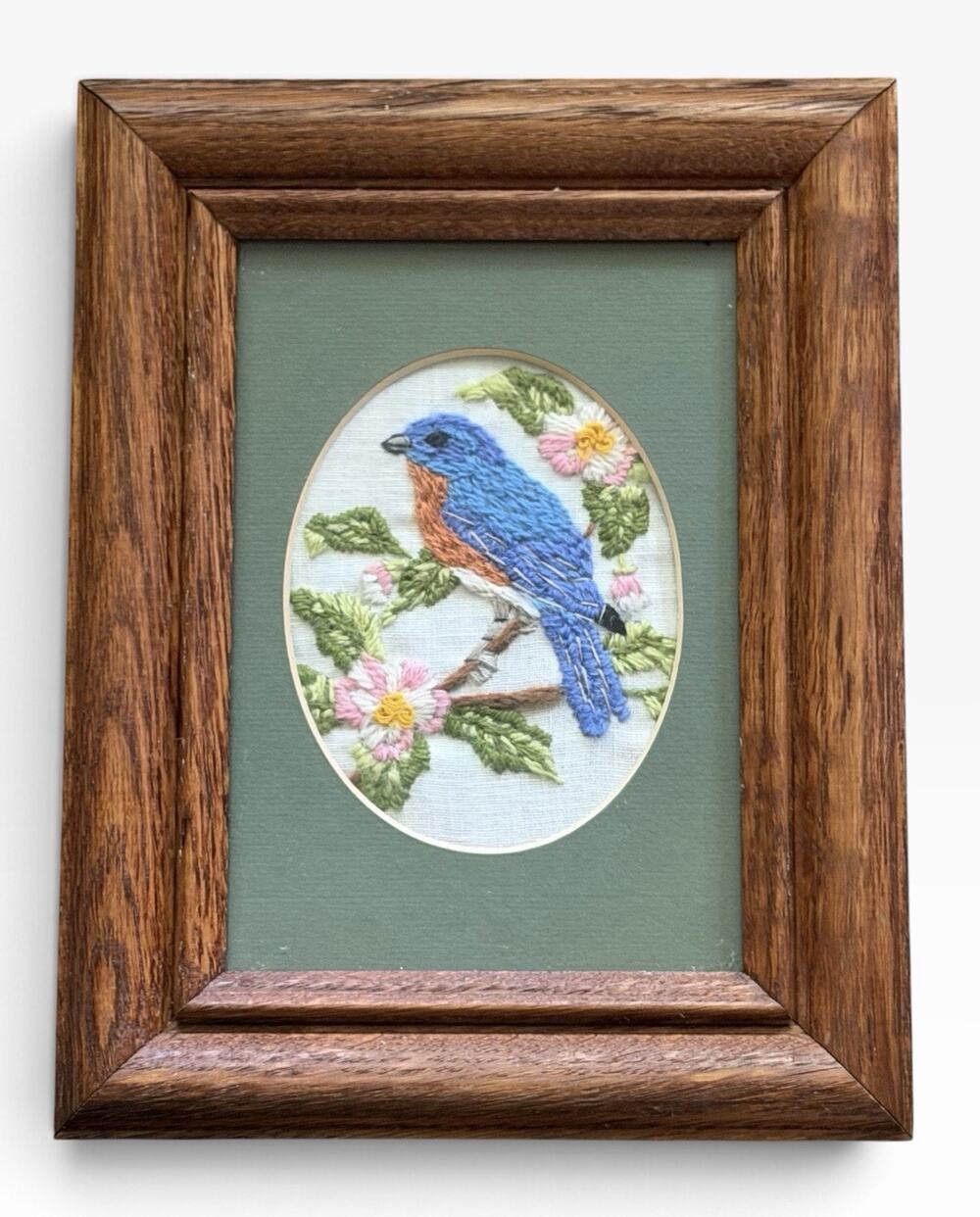 Embroidered Robin Floral Crewel On Linen Solid Oak Frame Matted 1970s Wall Art